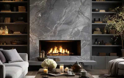 Fireplace surround and feature wall made with Turkish marble and natural stone