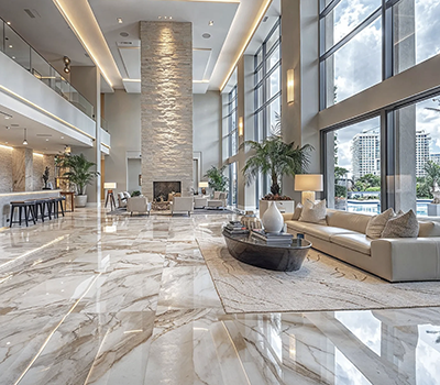 Large format marble floor tiles in a commercial lobby